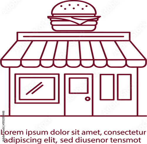 Fast Food Restaurant Storefront Illustration with Burger Sign and Awning in Minimal Outline Style for Cafe Branding Menu Design and Street Food Business Vector Graphic