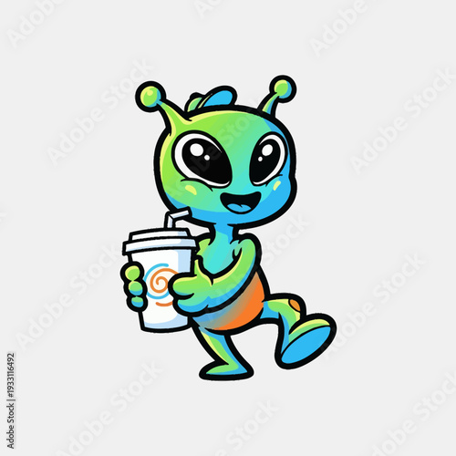 Cute green alien holding a coffee cup, cartoon character, funny, space, extraterrestrial