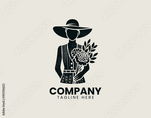 Stylized faceless person holding flower bouquets is presented as clean monochrome vector logo on white background