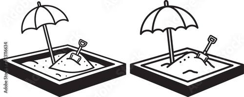 Sandbox with umbrella and shovel, children's play area, outdoor activity and summer fun concept, beach toy vector illustration, kids leisure