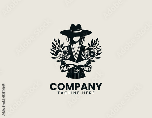 Stylized faceless person holding flower bouquets is presented as clean monochrome vector logo on white background