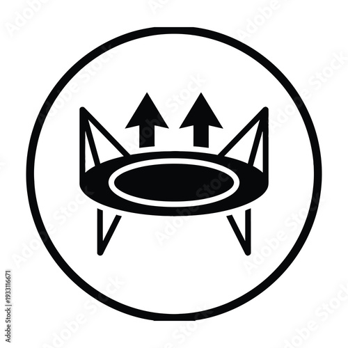 Minimalist trampoline icon with upward arrows symbolizing energy bounce and dynamic movement in a clean black and white circular frame for fitness sports and active lifestyle branding