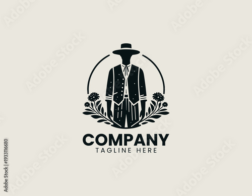 Stylized faceless person holding flower bouquets is presented as clean monochrome vector logo on white background
