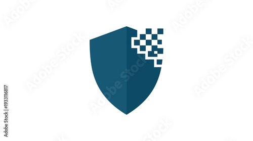 Digital security shield icon with pixelated disintegration, representing data protection and cybersecurity