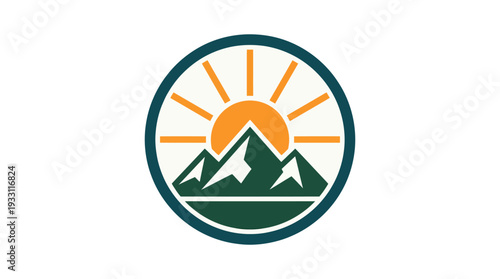 Stylized circular logo icon featuring majestic mountains bathed in the warm glow of a radiant sunrise with bright orange rays, symbolizing adventure, nature, and new beginnings