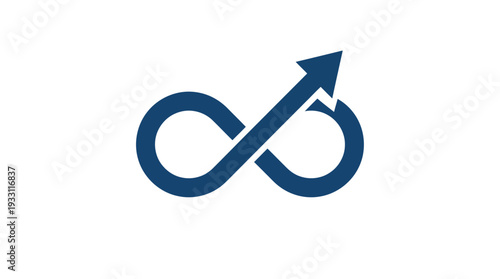 Abstract icon symbolizing continuous growth and endless progress, featuring an upward-pointing arrow integrated into an infinity loop, representing development and boundless potential