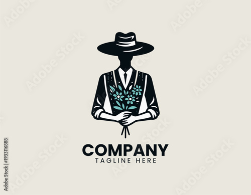 Stylized faceless person holding flower bouquets is presented as clean monochrome vector logo on white background