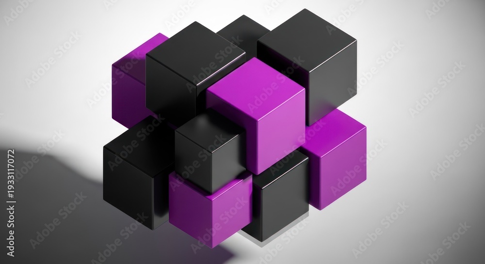 Fototapeta premium Isometric view of a 3D construct composed of black and violet cubes