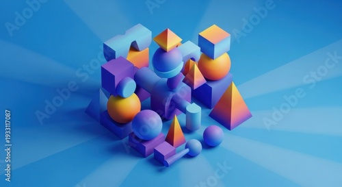 Isometric view of colorful, abstract geometric shapes floating over a blue background
