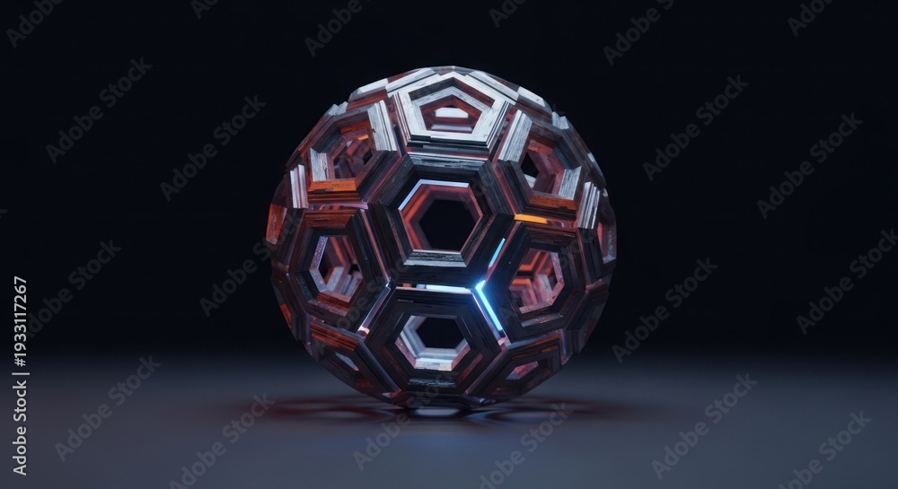 Fototapeta premium Metallic spherical sculpture comprised of interlocked pentagonal and hexagonal shapes