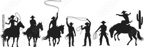 Dynamic western rodeo silhouette illustration featuring cowboys and cowgirls with lassos, bucking horses, cactus desert backdrop, showcasing iconic cowboy culture and adventurous rodeo sports scene