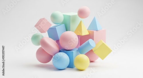 Pastel geometric shapes, floating in an abstract composition, against a white backdrop