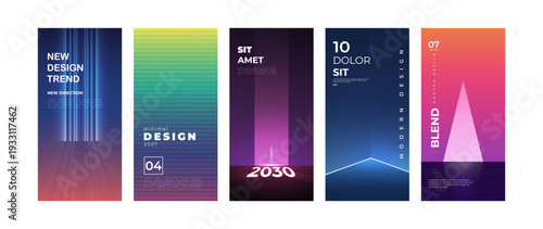 Modern abstract vertical poster template collection featuring bold gradient backgrounds, geometric elements, dynamic light effects, and contemporary typography layouts.