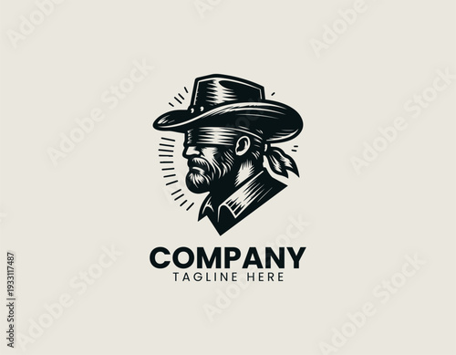 Stylized blindfolded cowboy head wearing western hat is presented as bold monochrome vector logo on clean white background for vintage western branding use