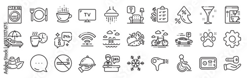 Hotel service line icons. Settings gear, Message, Inflation icons. Wi-Fi, Air conditioning and Coffee maker machine. Spa stones, swimming pool and bike rental icons. Vector