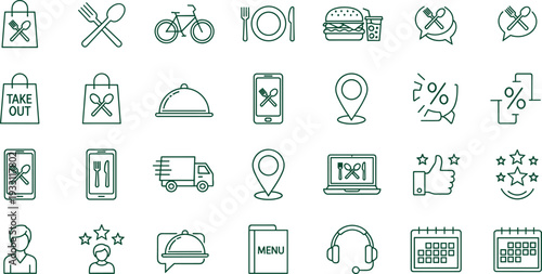 Food Delivery and Restaurant Service Line Icon Set Featuring Takeout Menu Location Discount Customer Support and Online Ordering Concepts in Modern Green Outline Vector Illustration Collection