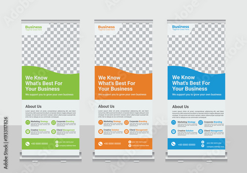 Roll up banner design for business events, presentations and for marketing in print ready blue, orange, green, colors