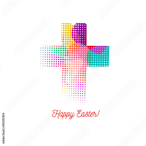 Multicolored cross made of dots. Happy Easter. Hand drawn. Not AI, vector illustration