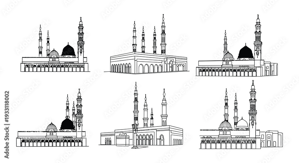 Fototapeta premium Architectural sketches of various islamic mosques and buildings