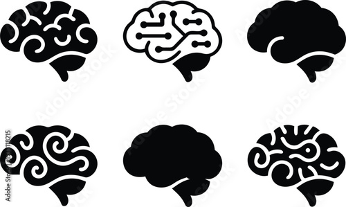 Six distinct stylized silhouette icons representing human brains in profile with varying complexity isolated on transparent background