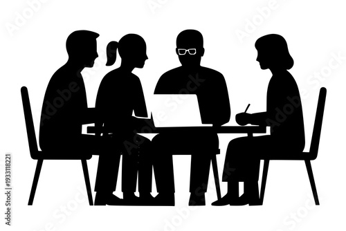 A group of people sitting around a table with a laptop