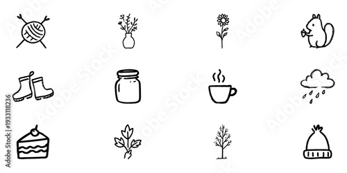 Autumn And Cozy Elements Line Icon Set In Doodle Style. Seasonal Comfort, Nature, And Warmth Outline Sketch Collection. Hand Drawn Isolated Vector Illustration