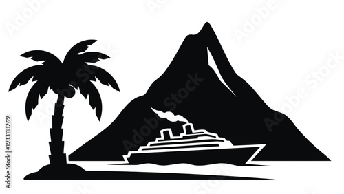 Cruise ship silhouette sailing near a tropical island with a mountain