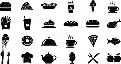 Fast Food and Restaurant Silhouette Icon Set Featuring Burger Pizza Hotdog Coffee Ice Cream and Bakery Items in Bold Black Vector Illustration Collection