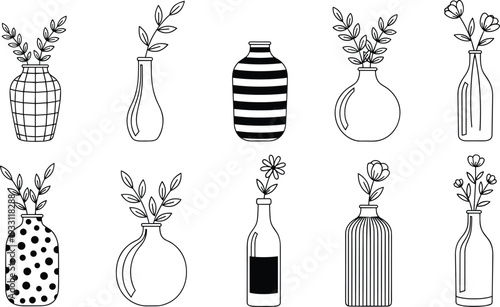 Hand drawn decorative vase collection minimalist floral bottle outline vector illustration set