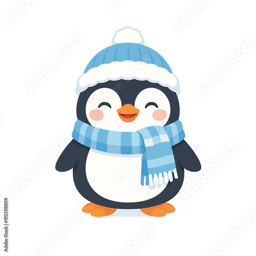 Adorable cartoon penguin wearing a knitted blue hat and scarf, smiling happily in winter