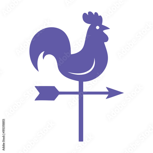 Purple rooster weather vane pointing directionally with arrow on pole against plain background