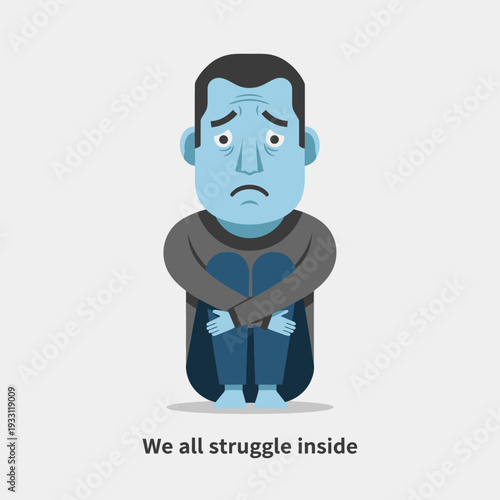 Sad man hugging knees, feeling depressed and alone, mental health struggle concept