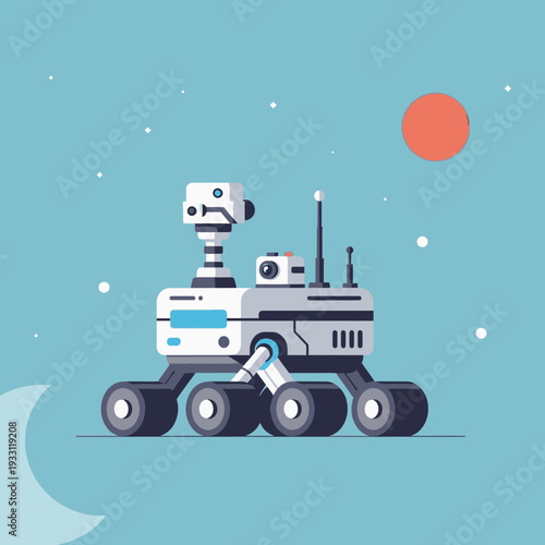 Space exploration rover on a blue planet with stars and a red sun, futuristic technology