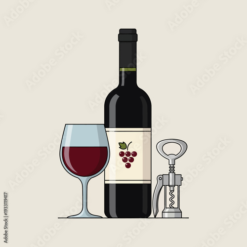 Red Wine Bottle, Glass, and Corkscrew on Plain Background