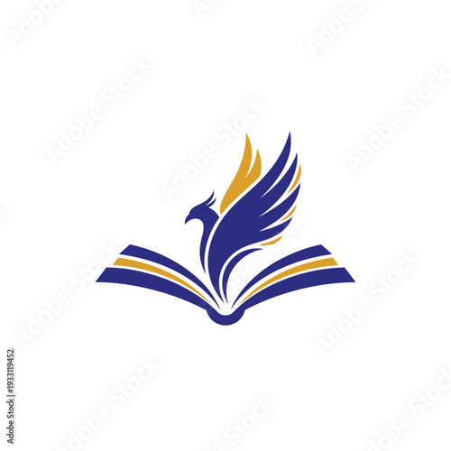 Phoenix bird rising from open book logo for educational publishing and library brand