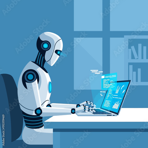 Robot working on laptop, artificial intelligence, coding, data analysis, futuristic office