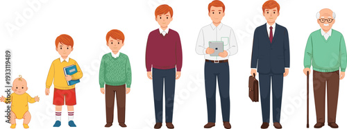 Aging Concept Vector Set Showing Male Life Cycle Stages From Infant Baby and School Boy to Adult Professional and Senior Man