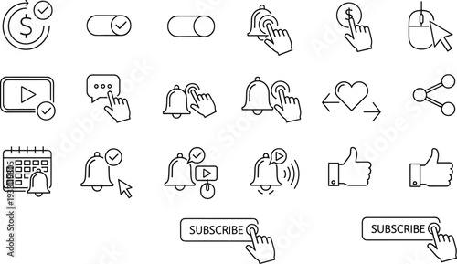 Minimalist social media icon set featuring subscribe buttons notification bells thumbs up like symbols heart share and video player interface elements in black line art