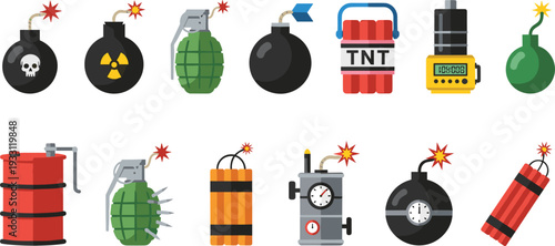 Bomb and Explosive Vector Set Featuring TNT Sticks, Grenades, Dynamite, Time Bombs, and Radioactive Barrels Isolated on White Background