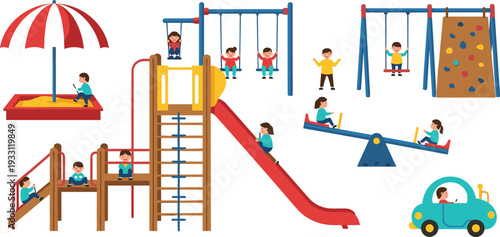 Children Playing at the Playground Vector Set Featuring Kids on Slides, Swings, Seesaw, Sandbox, and Climbing Wall for Childhood Activity Concept