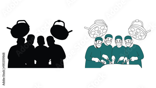 Medical team illustration with surgical staff and operating room equipment