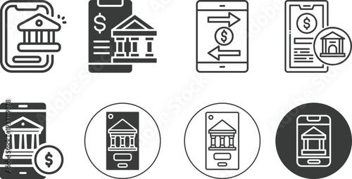 Modern mobile banking and digital finance line icons set featuring smartphone bank apps, online payments, money transfer, fintech and secure transaction concepts.