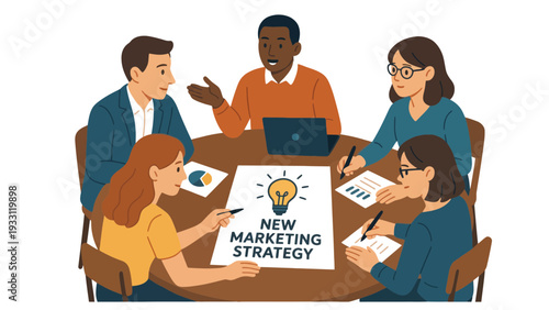 Marketing team brainstorming a new strategy in a meeting room