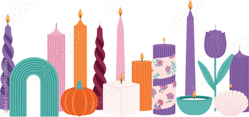 Colorful Aesthetic Candles Vector Set Featuring Spiral, Ribbed, and Floral Pillar Candles with Decorative Pumpkin, Shell, and Arch Elements