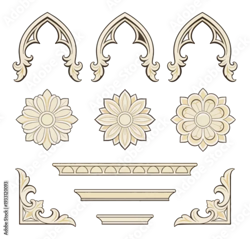 Obraz Decorative ornamental design elements in beige on black
