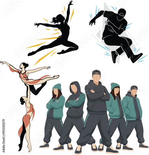 Web Hip Hop Dance and Urban Street Culture Vector Illustration Bundle, Breakdance Silhouettes and Contemporary Dancers Set