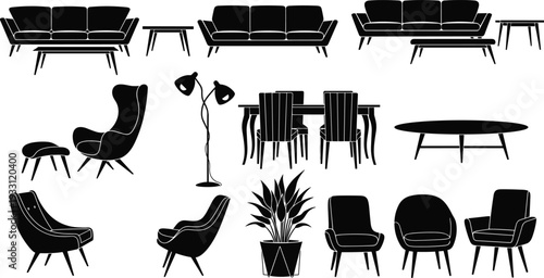 Minimalist black furniture silhouette icon set featuring modern sofas armchairs dining tables floor lamps and indoor plants for interior design house floor plan layout