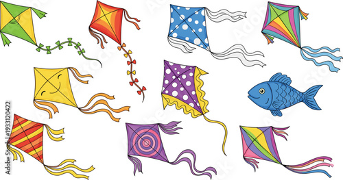 Colorful Kite Vector Set Featuring Various Shapes, Patterns, and a Blue Fish Kite Isolated on White Background for Outdoor Summer Fun