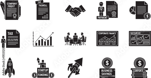 Business Finance and Corporate Management Icon Set with Company Profit Tax Calculation Startup Funding and Data Analysis Dashboard Symbols