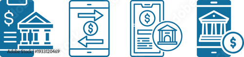 Modern mobile banking and digital finance line icons set featuring smartphone bank apps, online payments, money transfer, fintech and secure transaction concepts.
